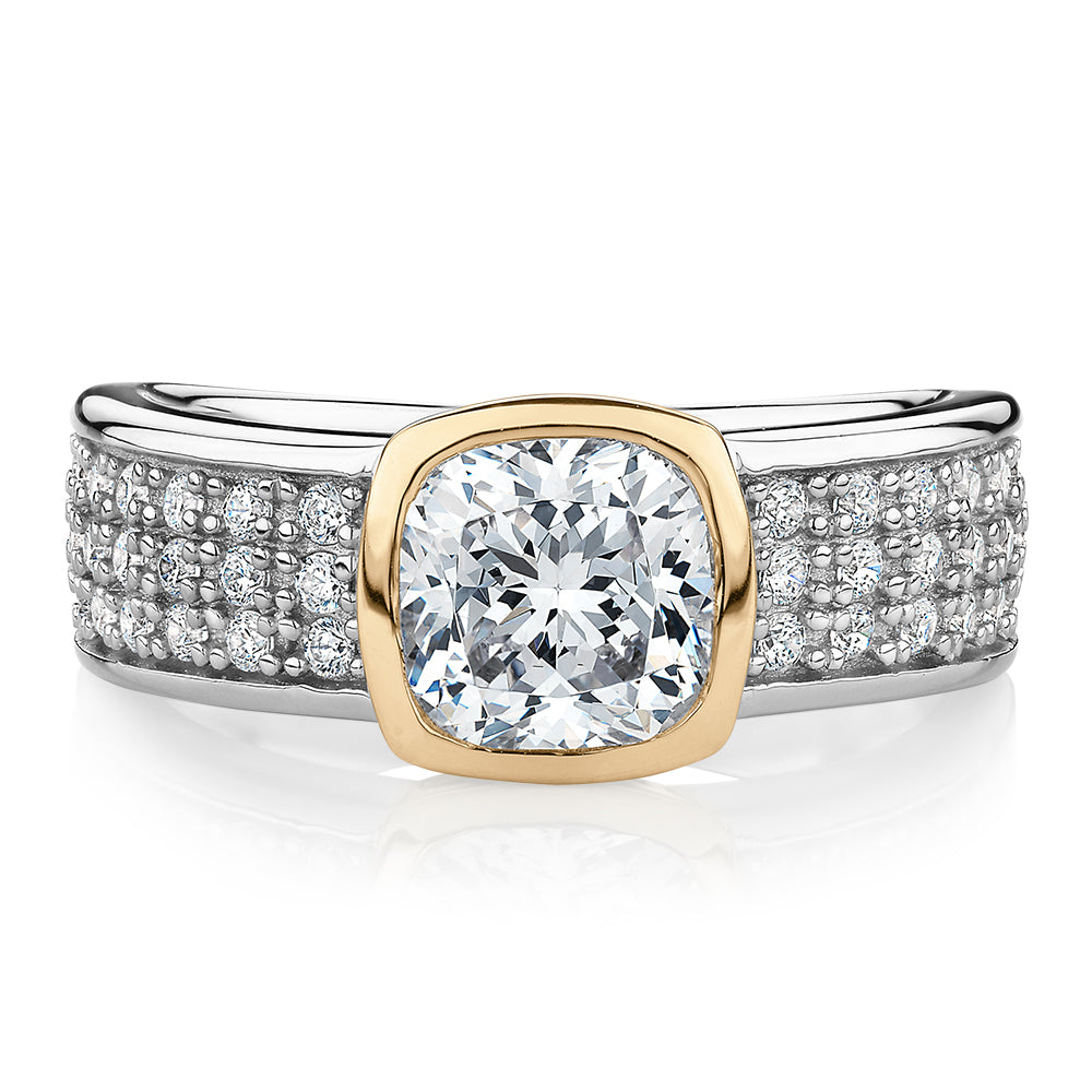 Synergy dress ring with 1.7 carats* of diamond simulants in 10 carat yellow gold and sterling silver