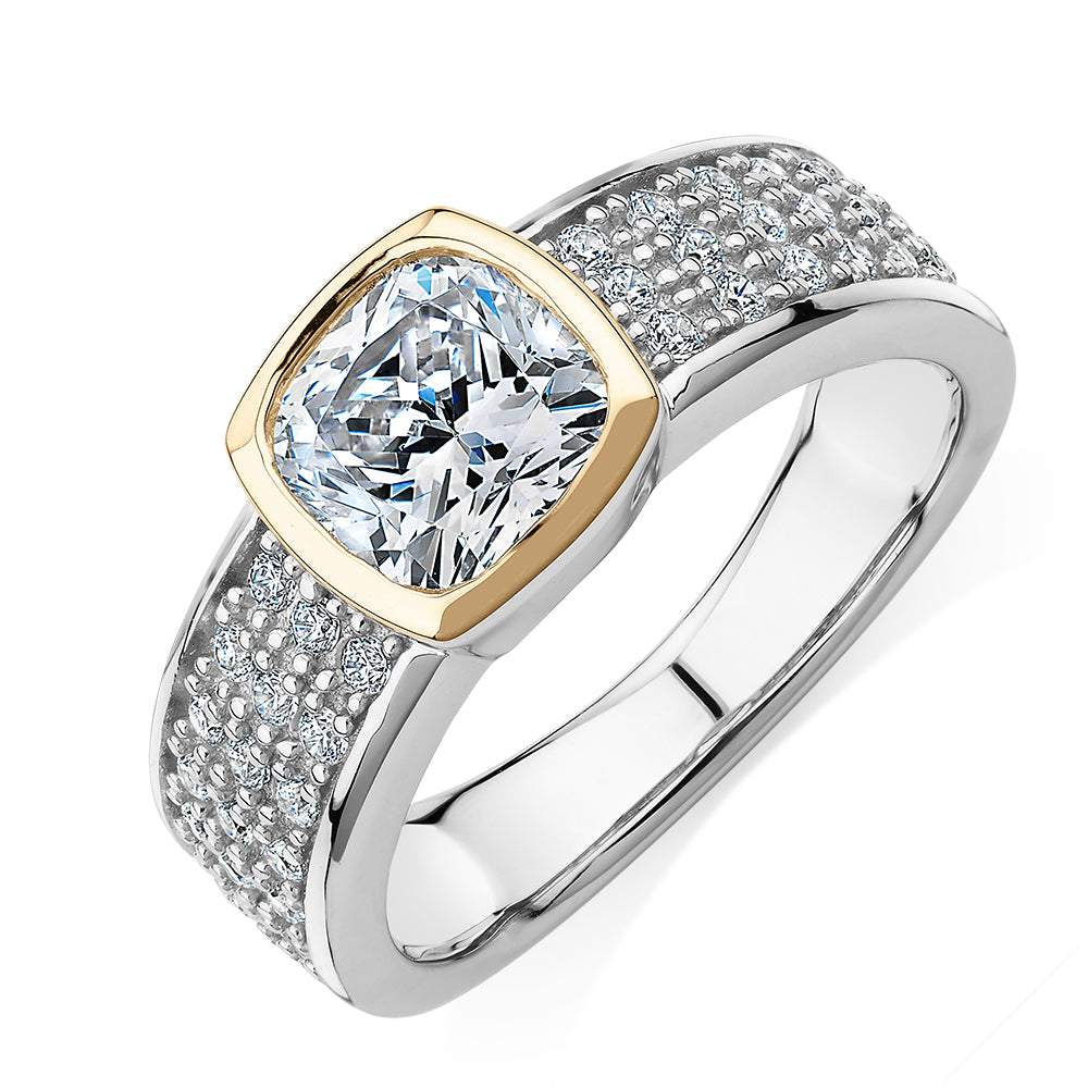 Synergy dress ring with 1.7 carats* of diamond simulants in 10 carat yellow gold and sterling silver