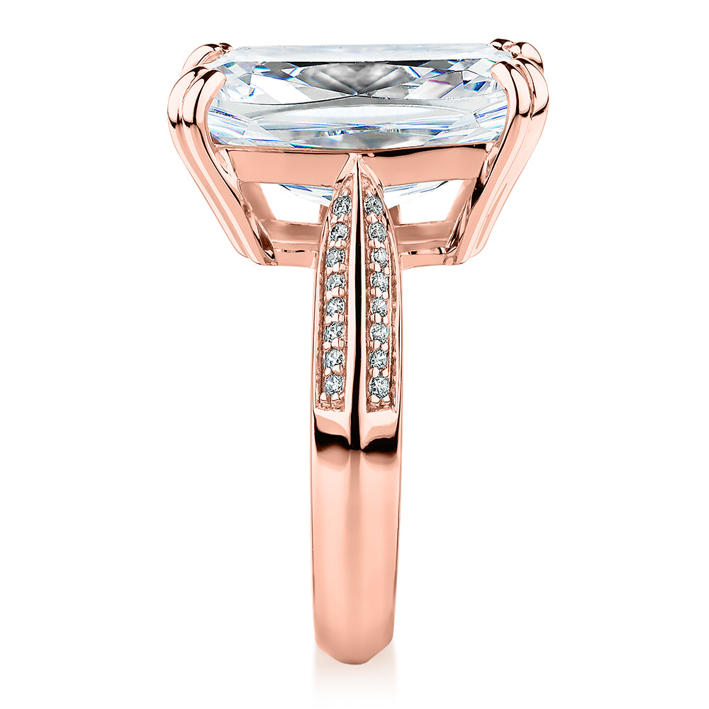 Cushion Radiant and Round Brilliant shouldered engagement ring with 11.64 carats* of diamond simulants in 10 carat rose gold