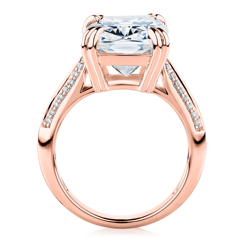 Cushion Radiant and Round Brilliant shouldered engagement ring with 11.64 carats* of diamond simulants in 10 carat rose gold