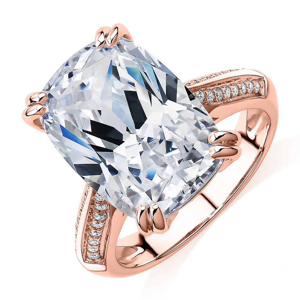 Cushion Radiant and Round Brilliant shouldered engagement ring with 11.64 carats* of diamond simulants in 10 carat rose gold