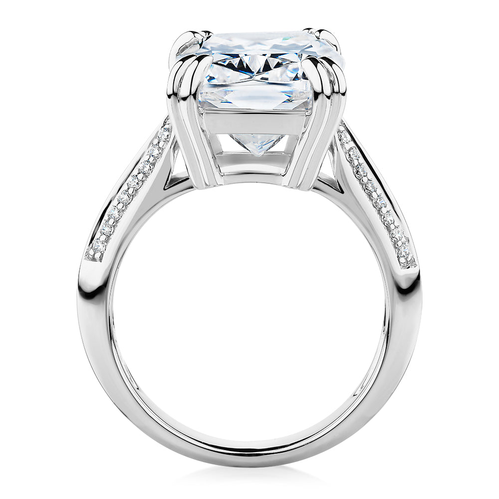 Cushion Radiant and Round Brilliant shouldered engagement ring with 11.64 carats* of diamond simulants in 10 carat white gold