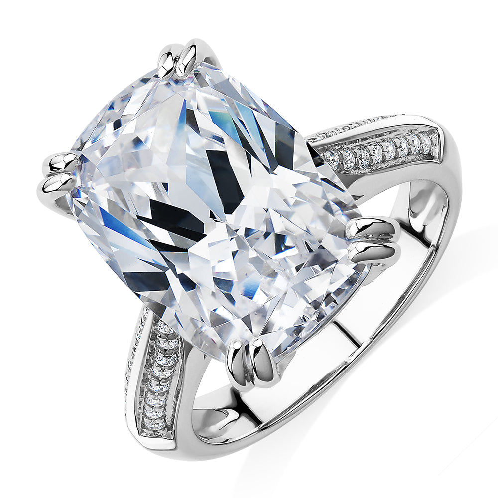 Cushion Radiant and Round Brilliant shouldered engagement ring with 11.64 carats* of diamond simulants in 10 carat white gold
