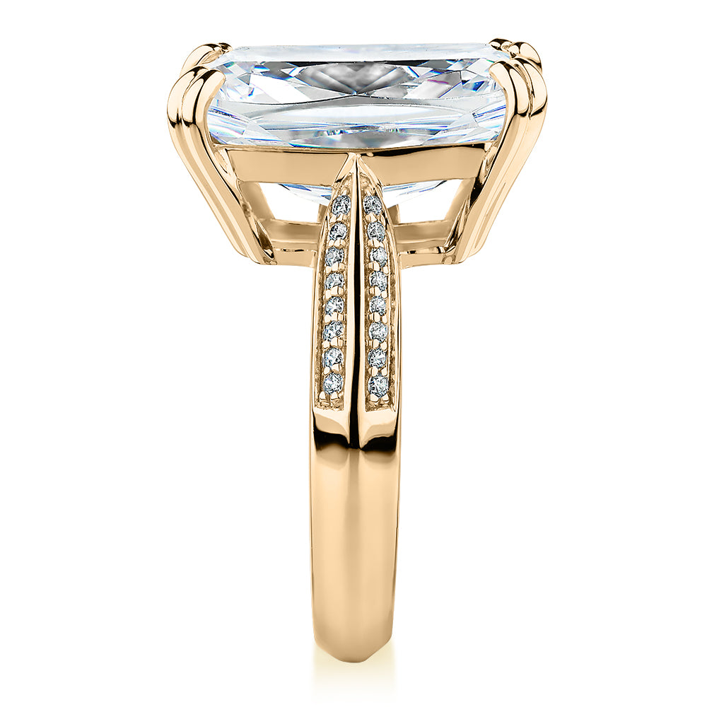 Cushion Radiant and Round Brilliant shouldered engagement ring with 11.64 carats* of diamond simulants in 10 carat yellow gold