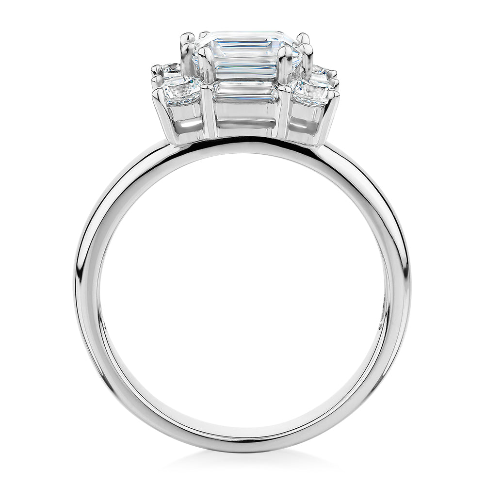 Princess Cut, Baguette and Round Brilliant halo engagement ring with 2.59 carats* of diamond simulants in 10 carat white gold