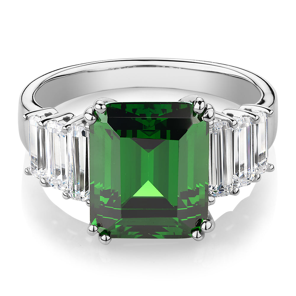 Dress ring with emerald simulant and 1.44 carats* of diamond simulants in 10 carat white gold