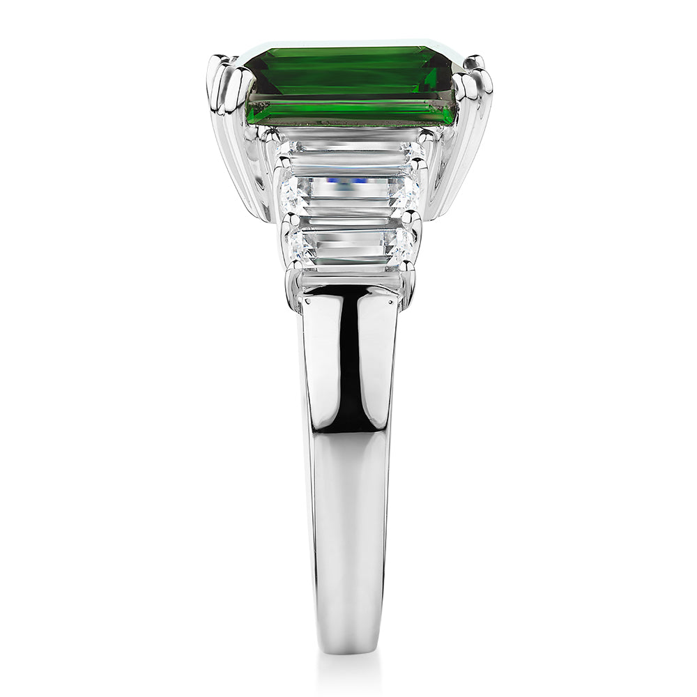 Dress ring with emerald simulant and 1.44 carats* of diamond simulants in 10 carat white gold