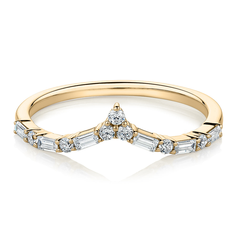Baguette curved wedding or eternity band with carats* of diamond  simulants in 10 carat yellow gold