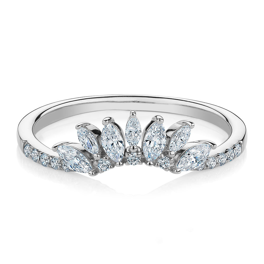 Marquise curved wedding or eternity band with 0.56 carats* of diamond simulants in 10 carat white gold