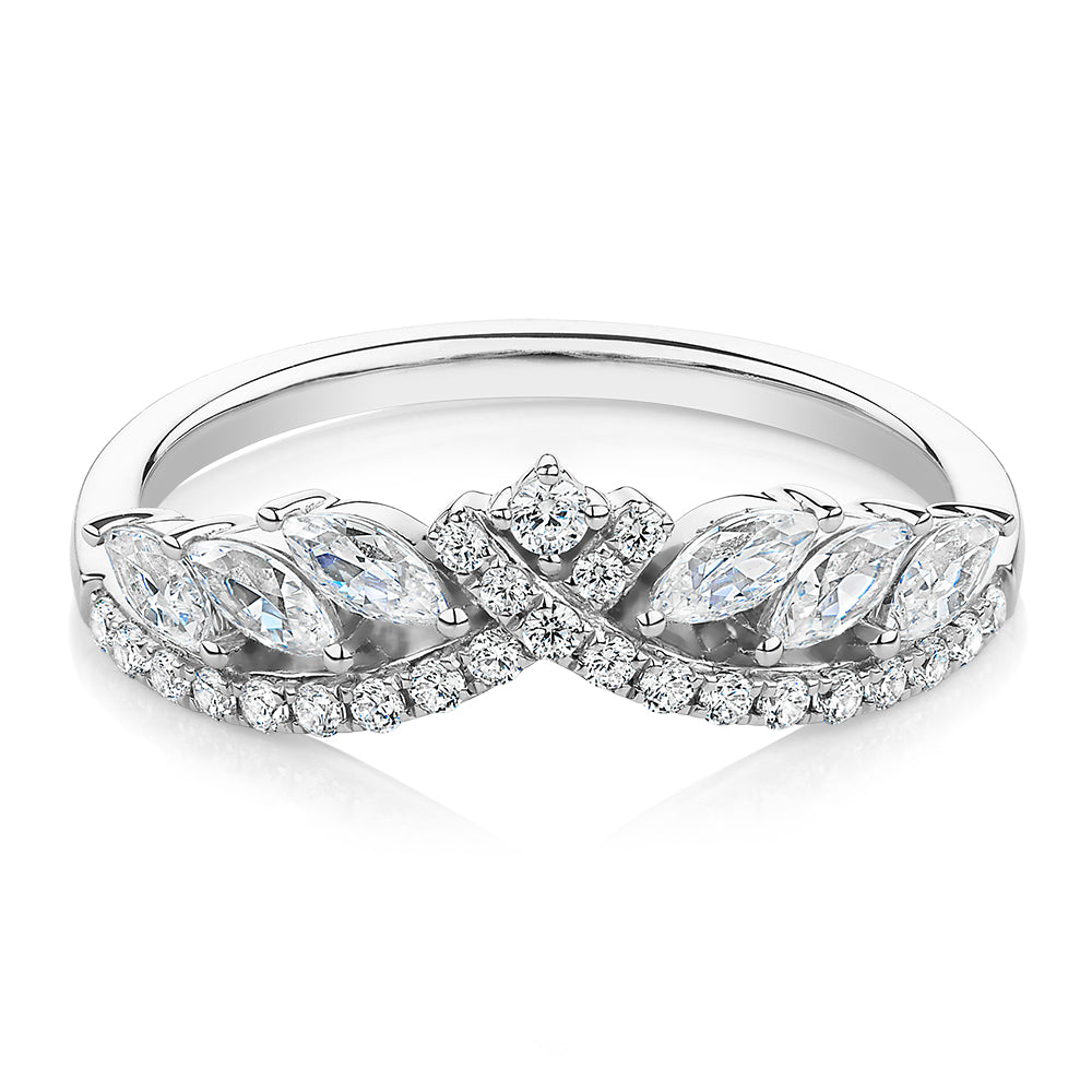 Marquise curved wedding or eternity band with 0.76 carats* of diamond simulants in 10 carat white gold