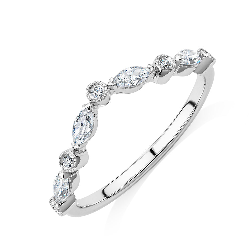Marquise curved wedding or eternity band with 0.43 carats* of diamond simulants in 10 carat white gold