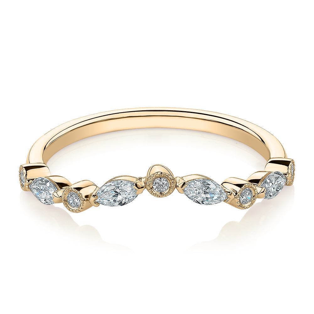 Marquise curved wedding or eternity band with 0.43 carats* of diamond simulants in 10 carat yellow gold