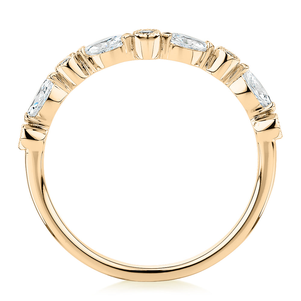 Marquise curved wedding or eternity band with 0.43 carats* of diamond simulants in 10 carat yellow gold