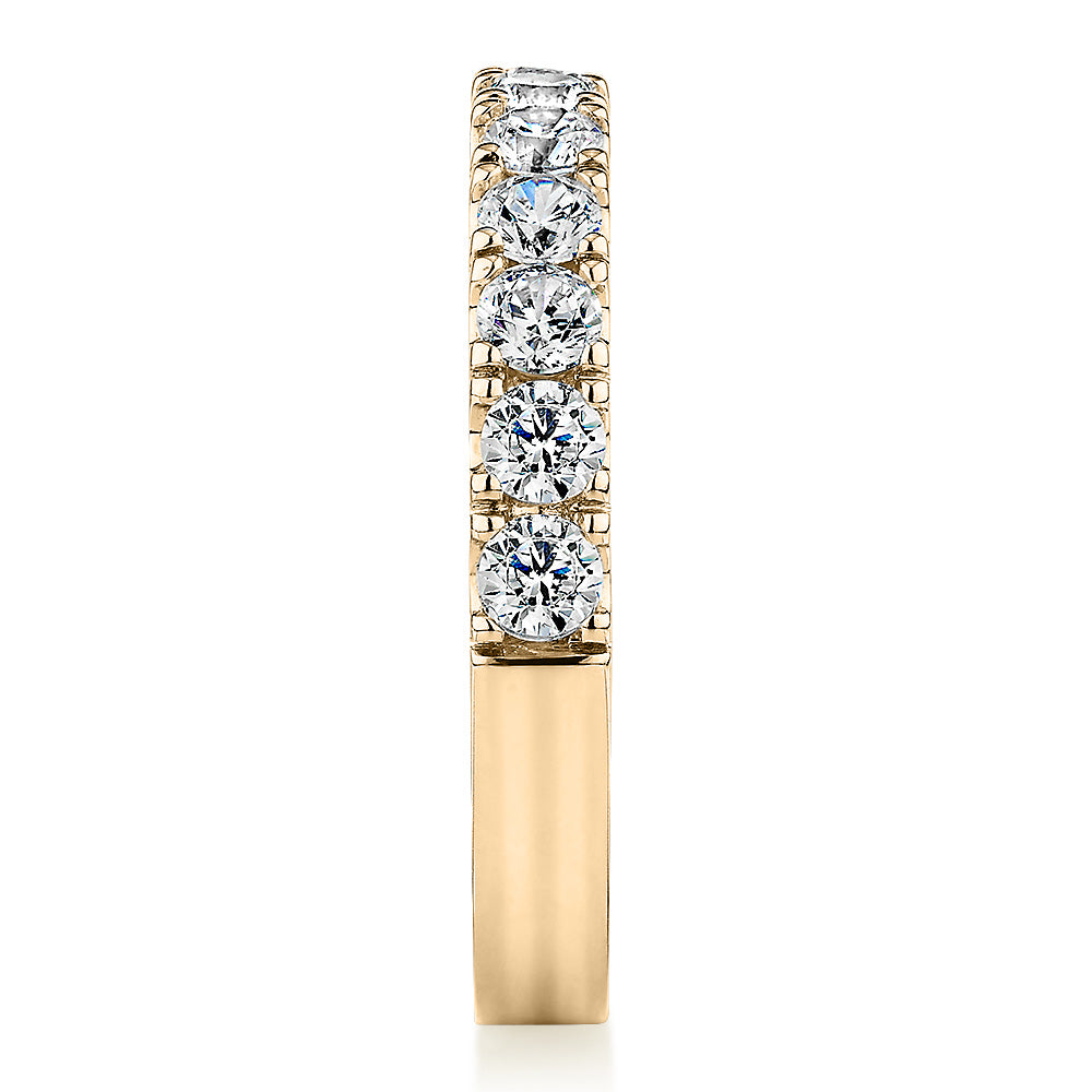 Wedding or eternity band with 0.88 carats* of diamond simulants in 14 carat yellow gold