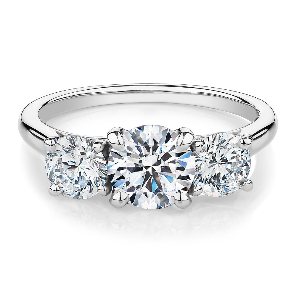 Three stone ring with 2 carats* of diamond simulants in 10 carat white gold