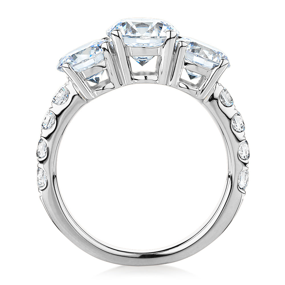 Three stone ring with 3.44 carats* of diamond simulants in 10 carat white gold