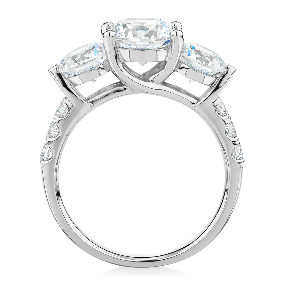 Three stone ring with 3.59 carats* of diamond simulants in 10 carat white gold