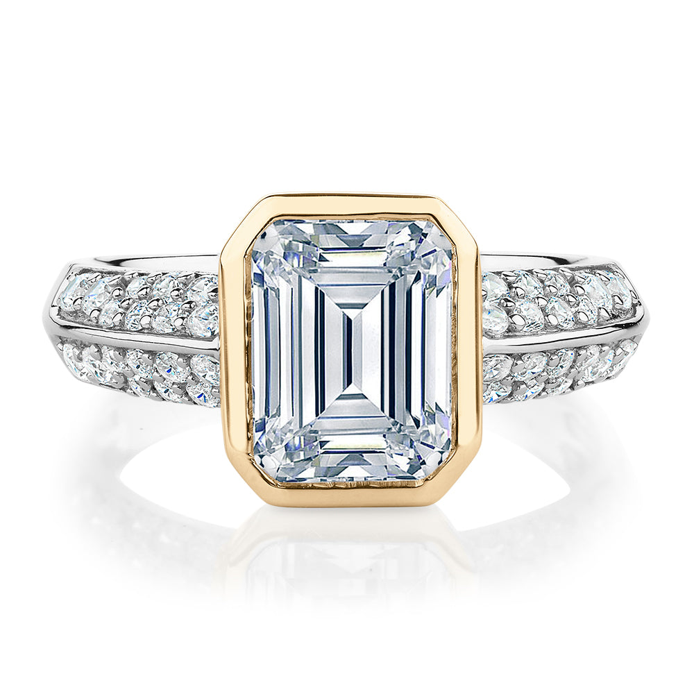 Synergy dress ring with 3 carats* of diamond simulants in 10 carat yellow gold and sterling silver