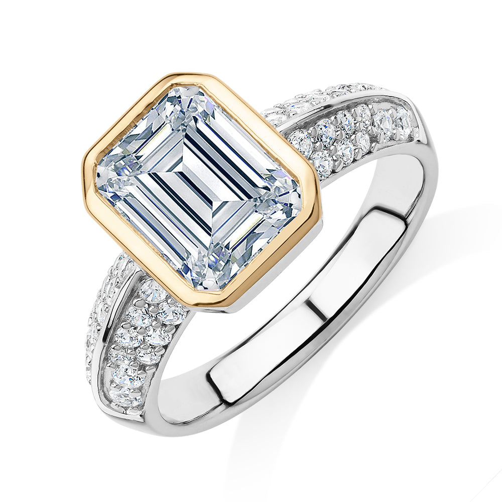 Synergy dress ring with 3 carats* of diamond simulants in 10 carat yellow gold and sterling silver