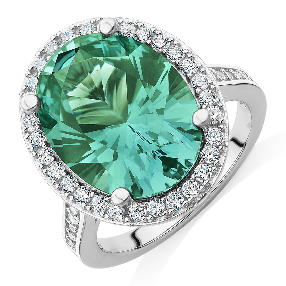 Dress ring with ocean green simulant and 0.78 carats* of diamond simulants in sterling silver