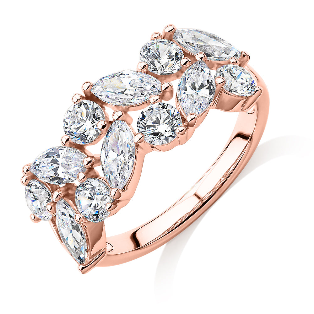 Dress ring with 3.36 carats* of diamond simulants in 10 carat rose gold