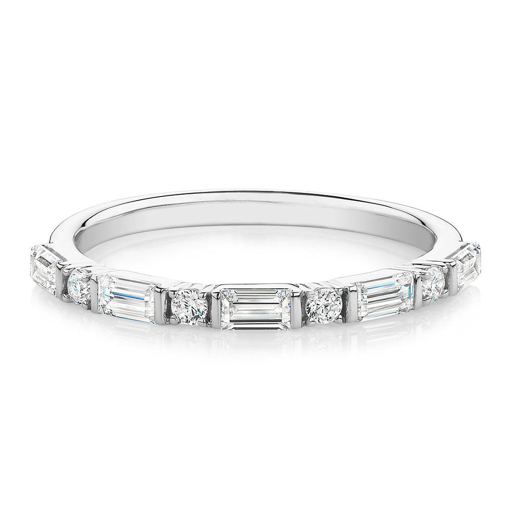 Baguette wedding or eternity band with 0.75 carats* of diamond simulants in 10 carat white gold
