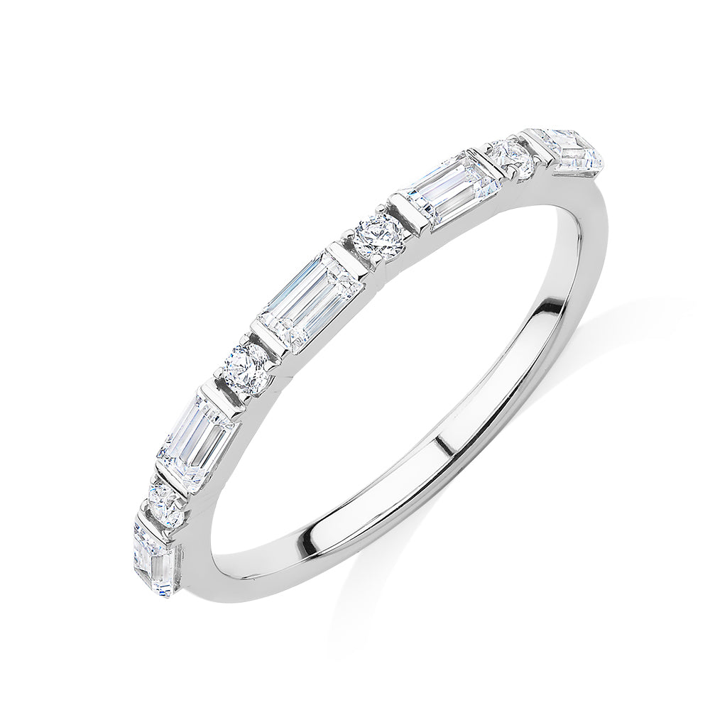 Baguette wedding or eternity band with 0.75 carats* of diamond simulants in 10 carat white gold