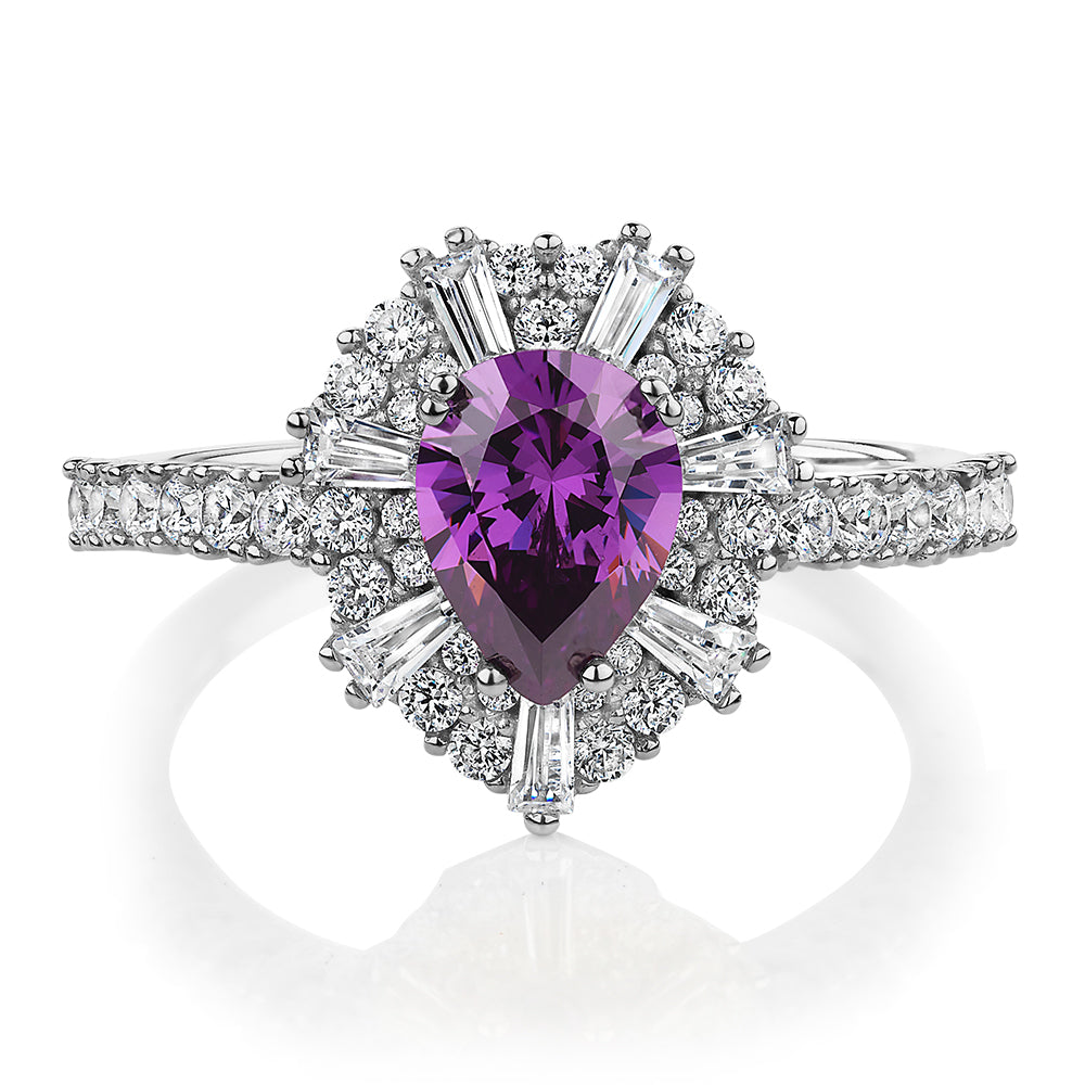 Dress ring with amethyst simulant and 0.86 carats* of diamond simulants in sterling silver