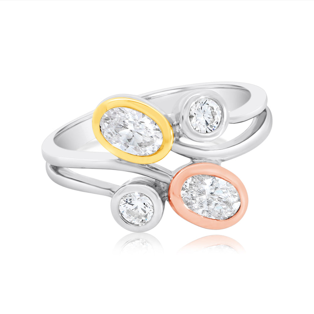 Dress ring with 1.14 carats* of diamond simulants in 10 carat yellow gold, rose gold and sterling silver