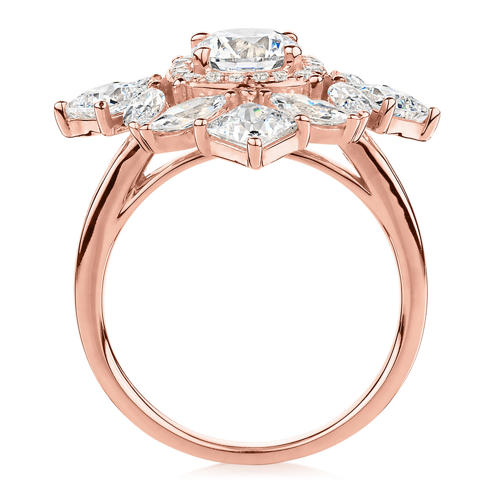 Dress ring with 3.86 carats* of diamond simulants in 10 carat rose gold