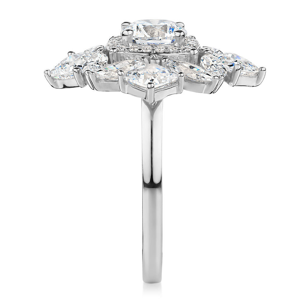 Dress ring with 3.86 carats* of diamond simulants in 10 carat white gold