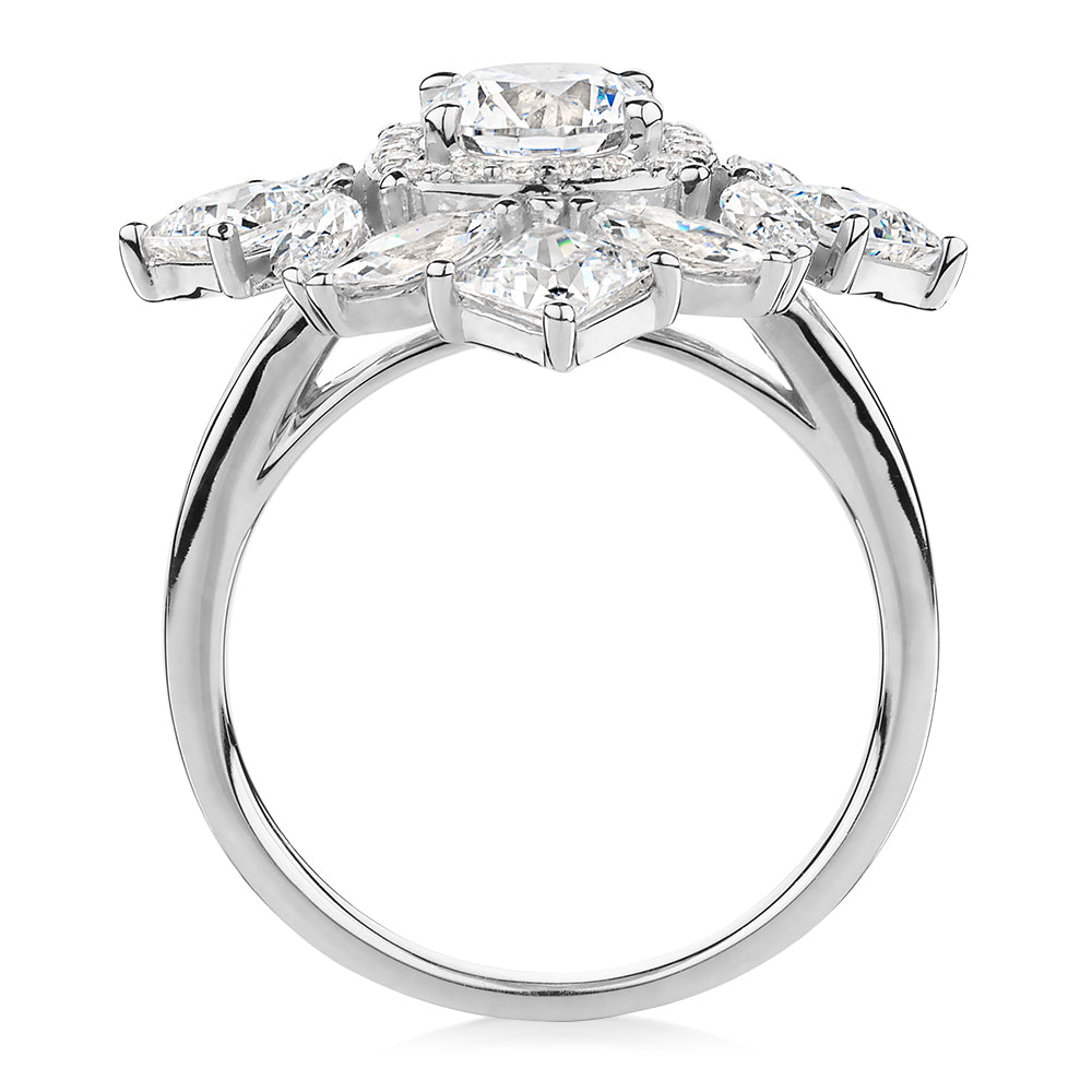 Dress ring with 3.86 carats* of diamond simulants in 10 carat white gold