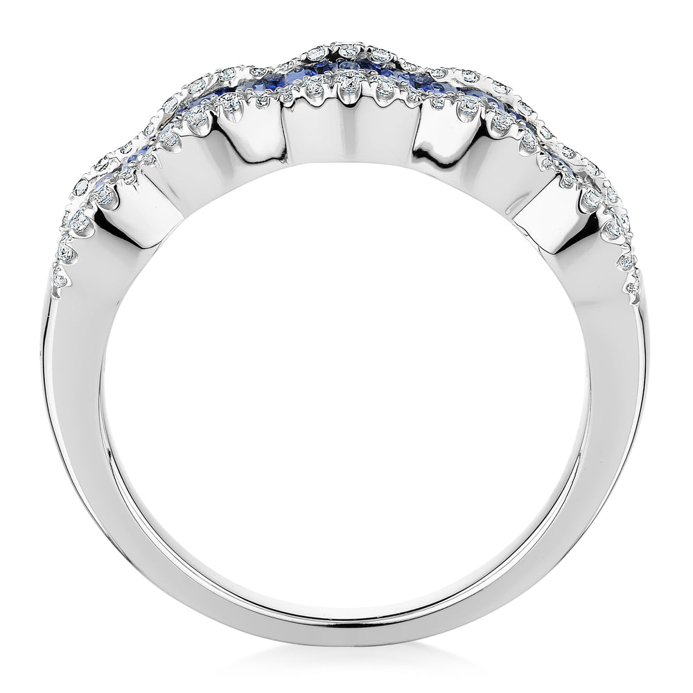 Dress ring with sapphire simulants and 0.24 carats* of diamond simulants in 10 carat white gold