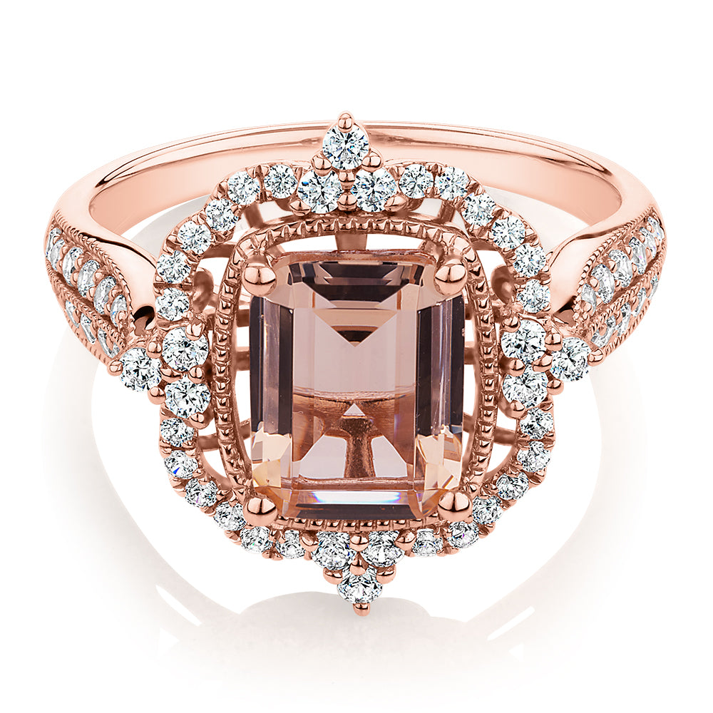 Emerald Cut and Round Brilliant halo engagement ring with morganite simulant and 0.48 carats* of diamond simulants in 10 carat rose gold