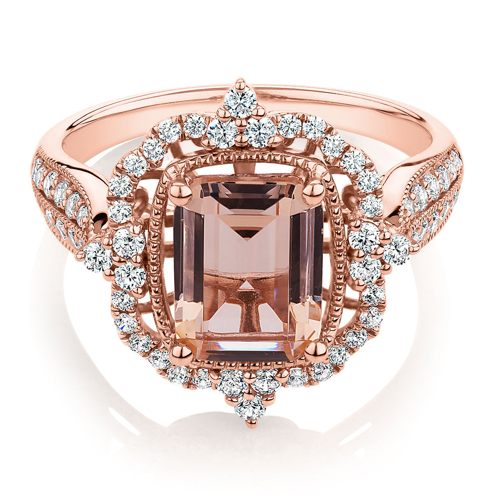 Emerald Cut and Round Brilliant halo engagement ring with morganite si ...