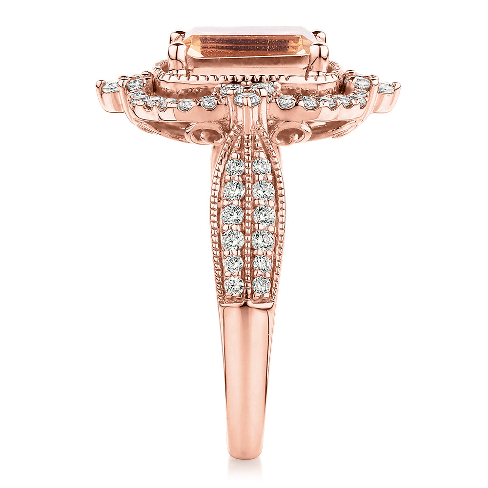 Emerald Cut and Round Brilliant halo engagement ring with morganite simulant and 0.48 carats* of diamond simulants in 10 carat rose gold