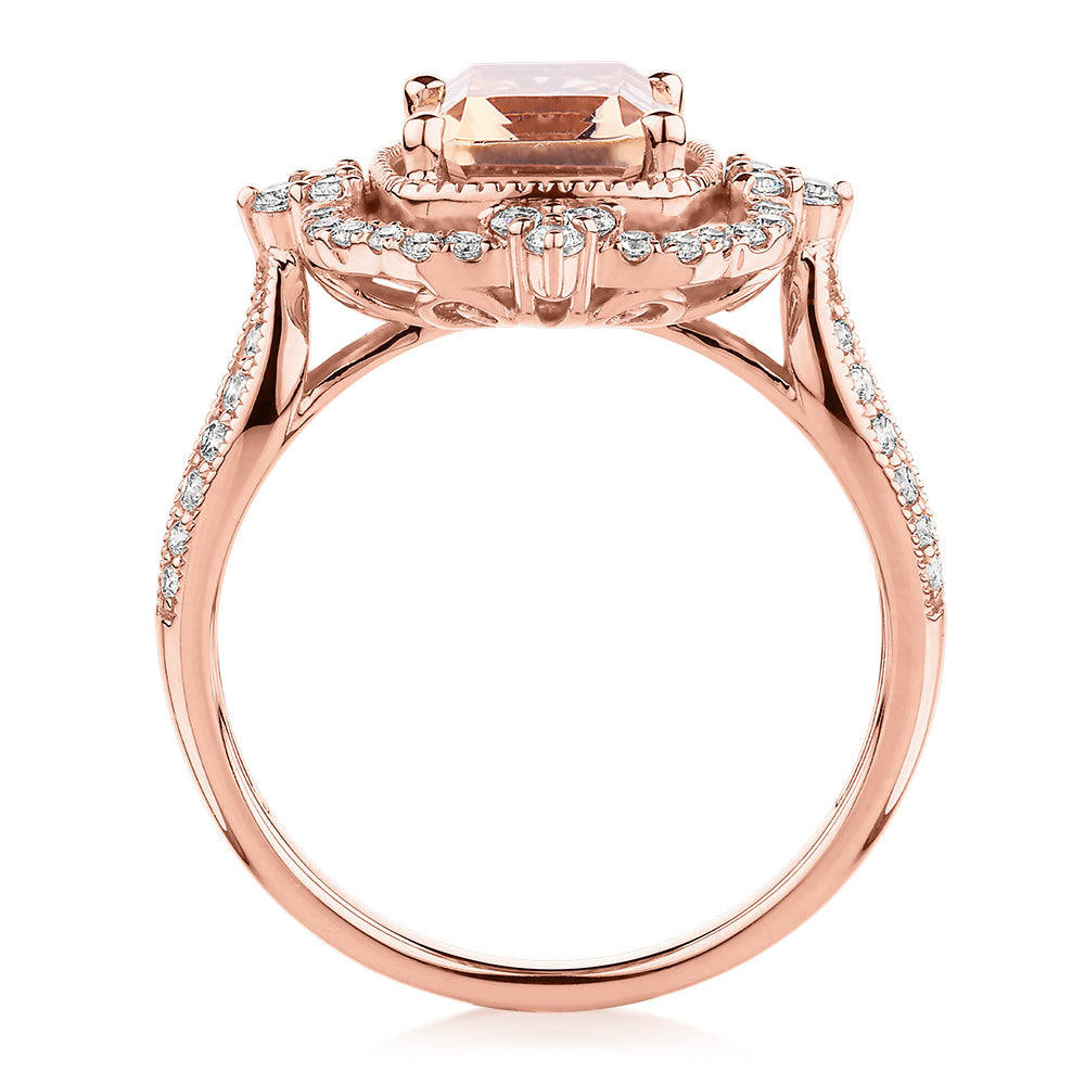 Emerald Cut and Round Brilliant halo engagement ring with morganite simulant and 0.48 carats* of diamond simulants in 10 carat rose gold