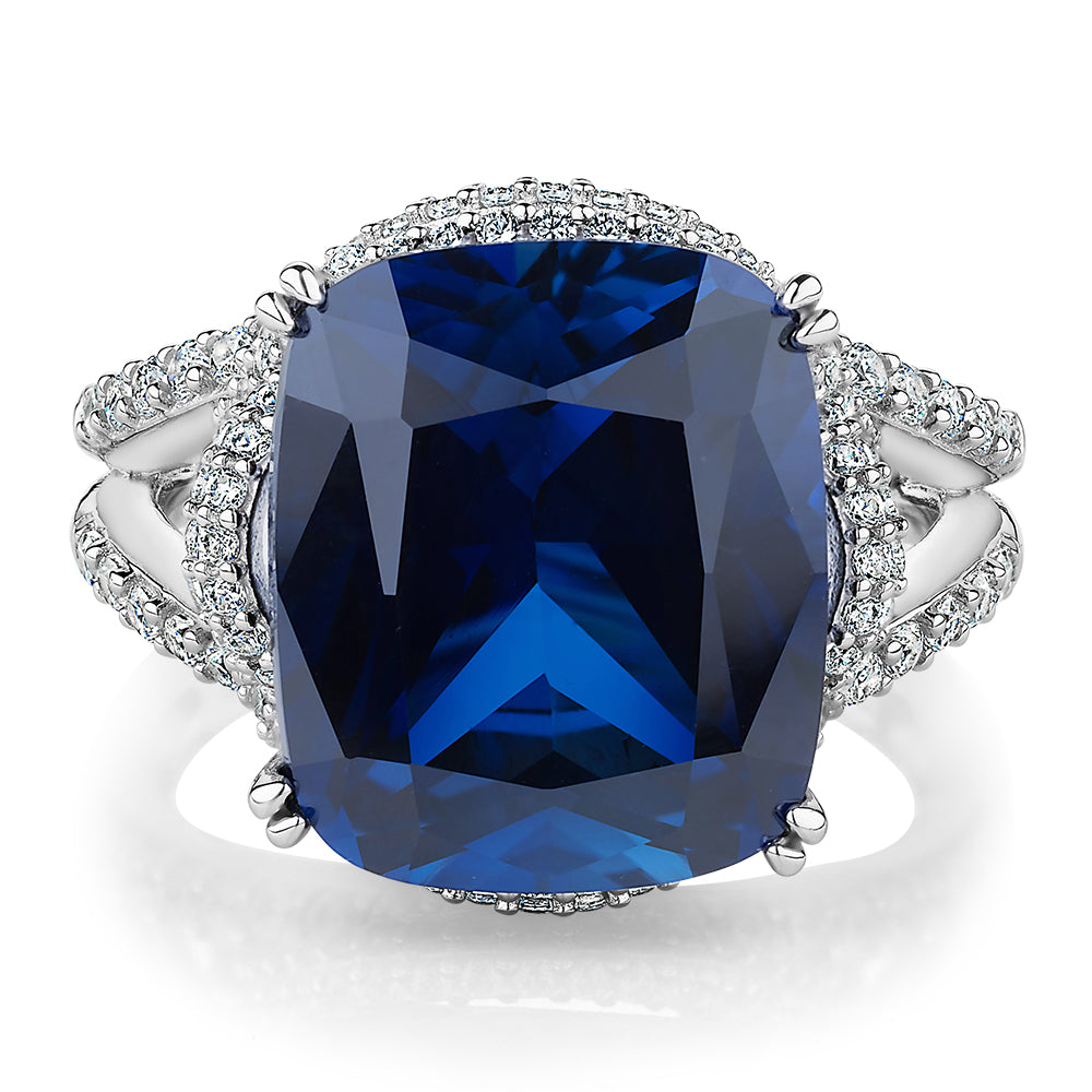 Dress ring with sapphire simulant and 0.92 carats* of diamond simulants in sterling silver