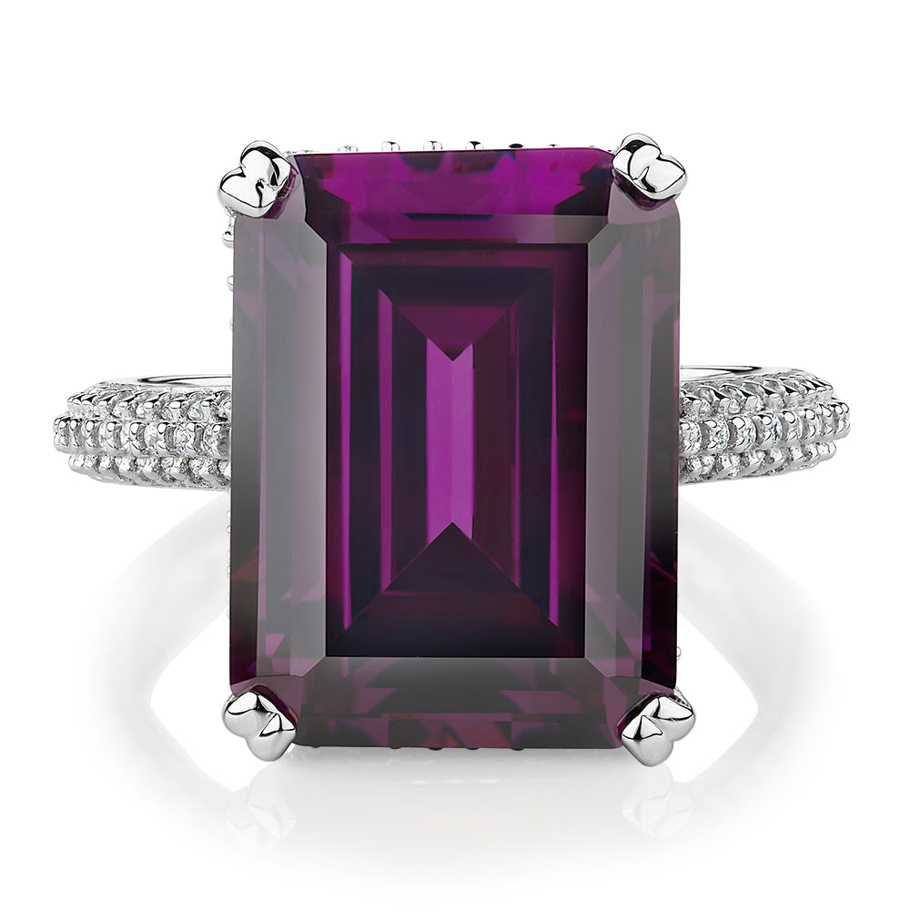 Dress ring with amethyst simulant and 0.73 carats* of diamond simulants in sterling silver