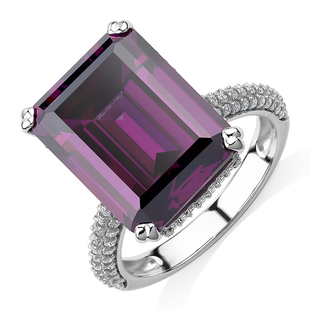 Dress ring with amethyst simulant and 0.73 carats* of diamond simulants in sterling silver