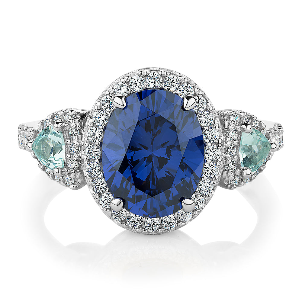 Dress ring with tanzanite and aquamarine simulants and 0.48 carats* of diamond simulants in sterling silver