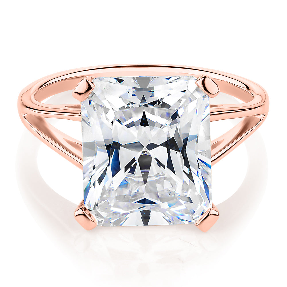 Radiant solitaire engagement ring with 6.79 carat* diamond simulant in 10 carat rose gold