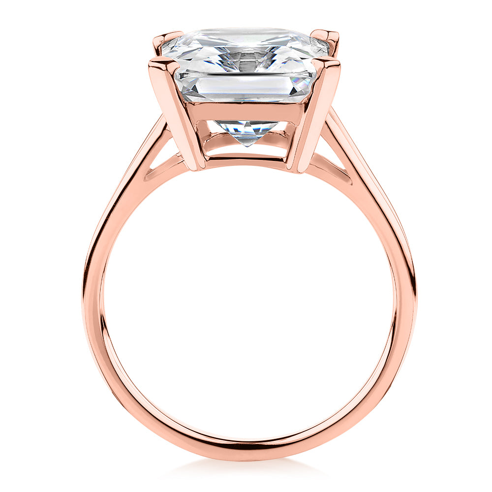 Radiant solitaire engagement ring with 6.79 carat* diamond simulant in 10 carat rose gold