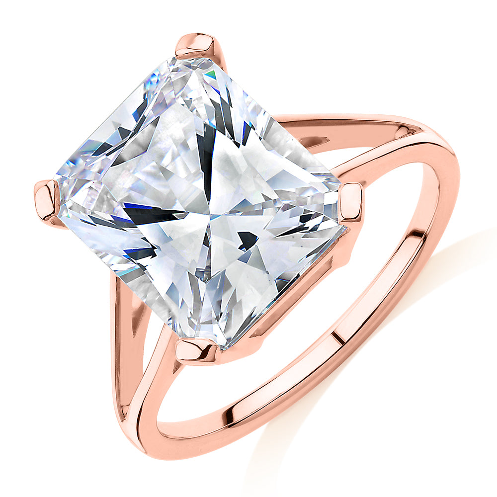 Radiant solitaire engagement ring with 6.79 carat* diamond simulant in 10 carat rose gold