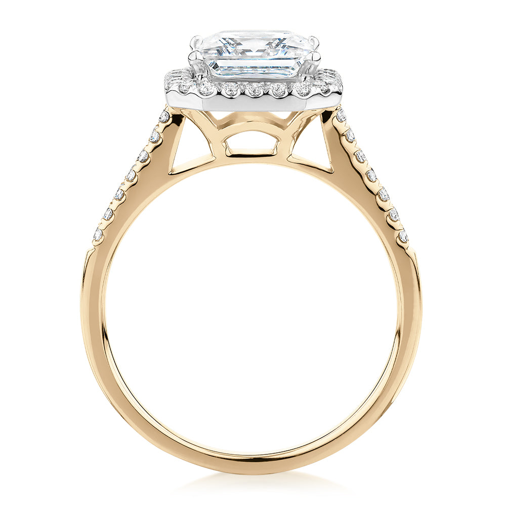 Princess Cut and Round Brilliant halo engagement ring with 2.21 carats* of diamond simulants in 14 carat yellow and white gold