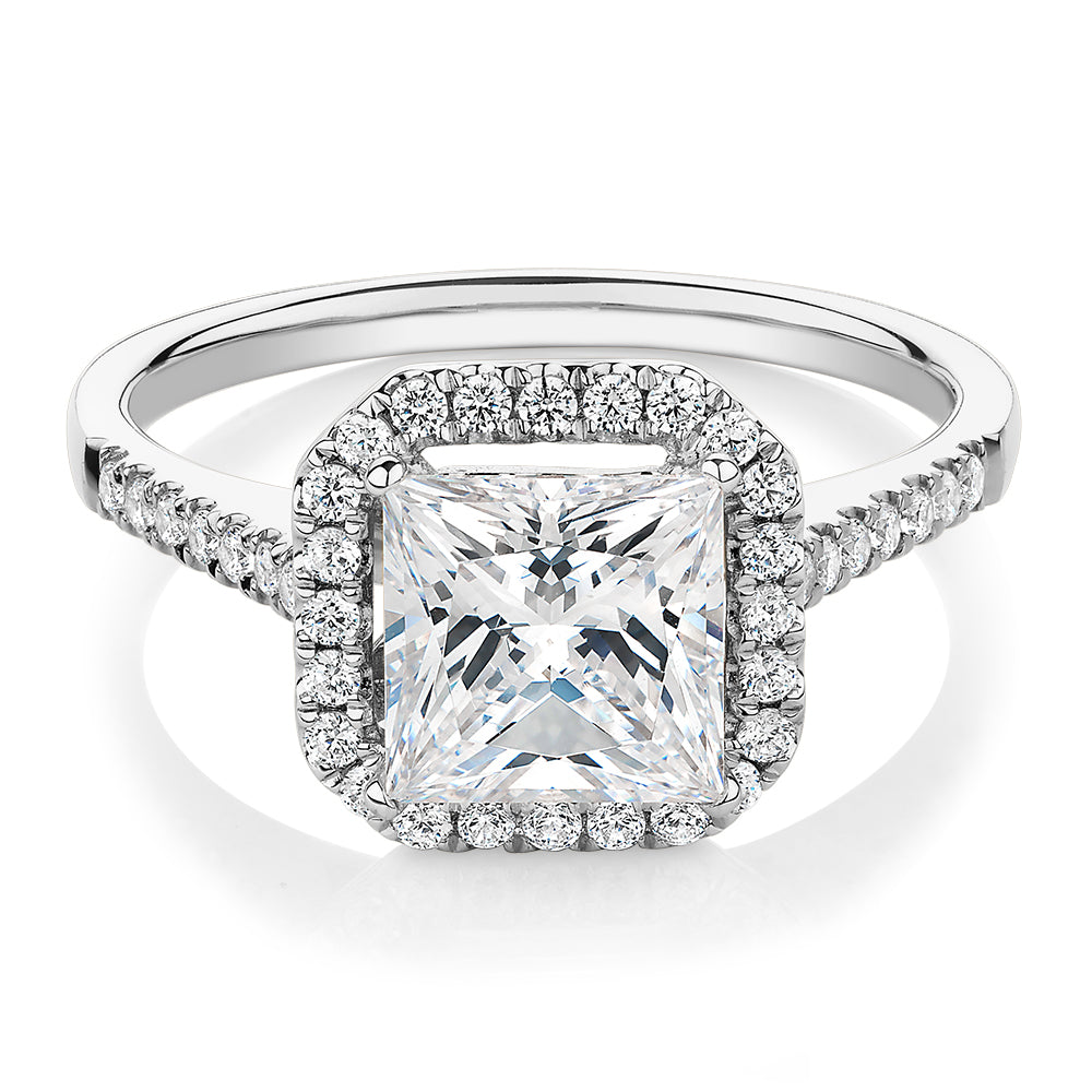 Princess Cut and Round Brilliant halo engagement ring with 2.21 carats* of diamond simulants in 14 carat white gold