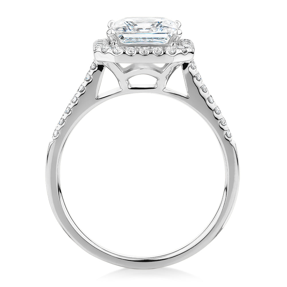 Princess Cut and Round Brilliant halo engagement ring with 2.21 carats* of diamond simulants in 14 carat white gold