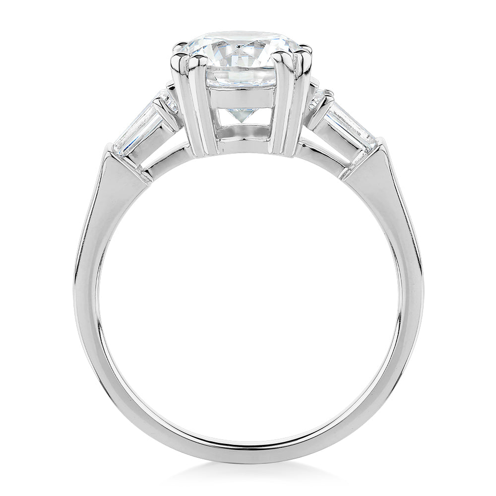 Round Brilliant and Baguette shouldered engagement ring with 2.46 carats* of diamond simulants in 10 carat white gold