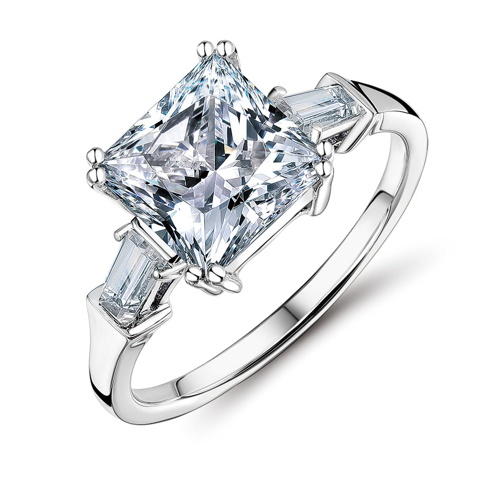 Princess Cut and Baguette shouldered engagement ring with 3.43 carats* of diamond simulants in 10 carat white gold