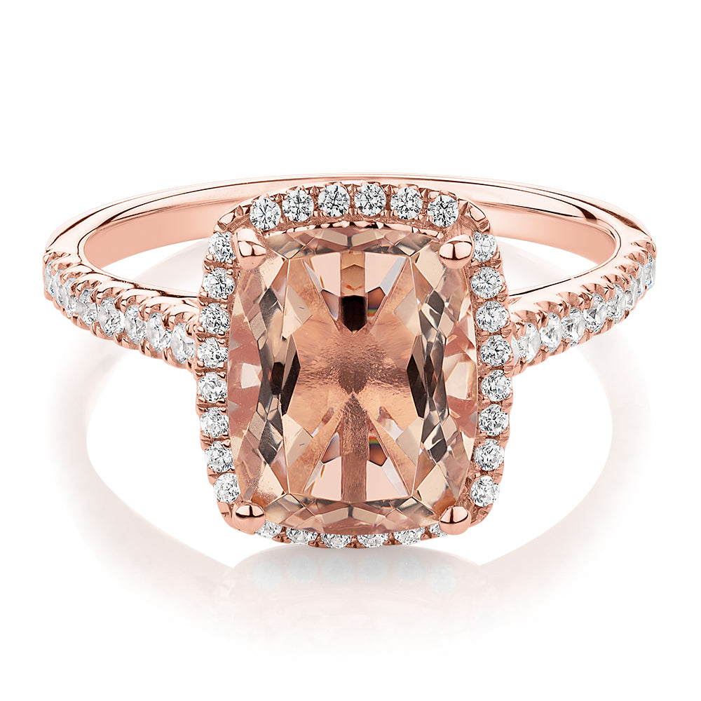 Cushion Radiant and Round Brilliant halo engagement ring with 10x8mm morganite simulant in 10 carat rose gold